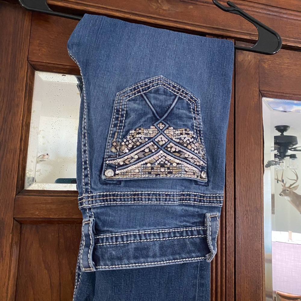 Miss Me Blue Boot Cut Jeans with Silver Embellishments